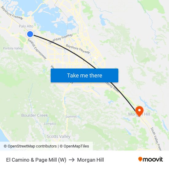 El Camino & Page Mill (W) to Morgan Hill map