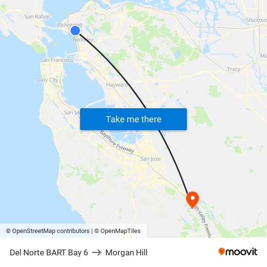 Del Norte BART Bay 6 to Morgan Hill map