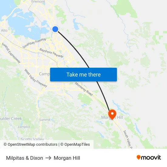 Milpitas & Dixon to Morgan Hill map