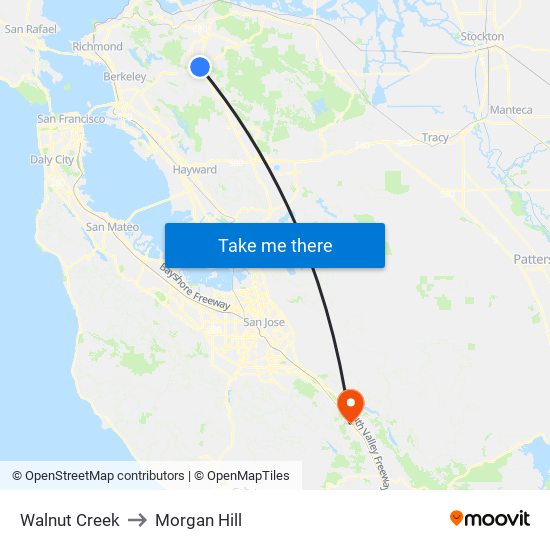 Walnut Creek to Morgan Hill map