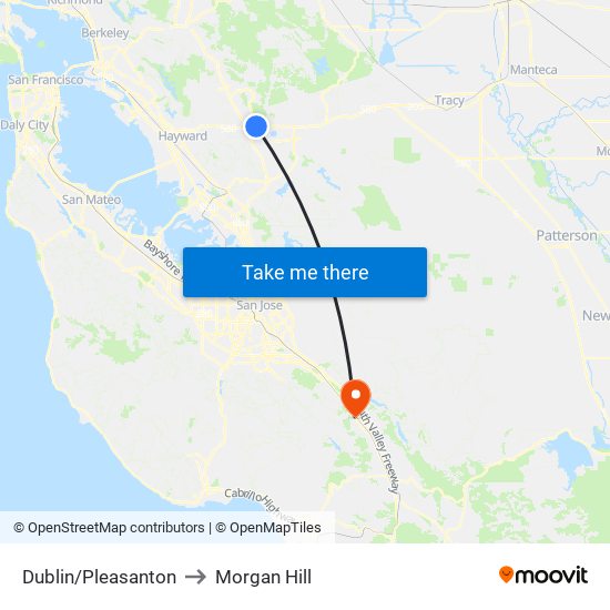 Dublin/Pleasanton to Morgan Hill map