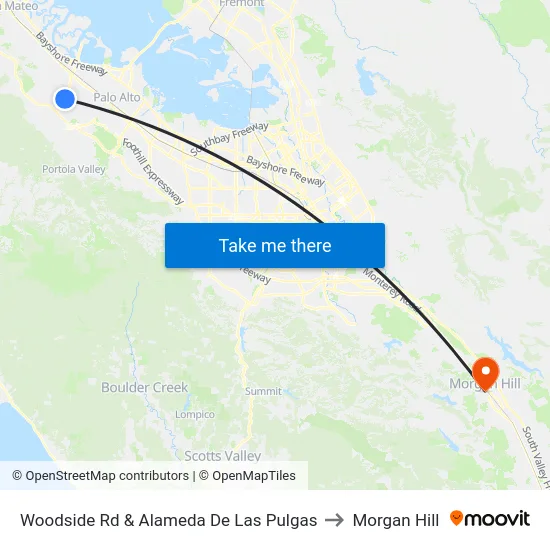 Woodside Rd & Alameda De Las Pulgas to Morgan Hill map