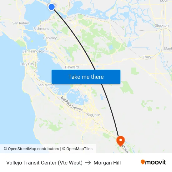 Vallejo Transit Center (Vtc West) to Morgan Hill map