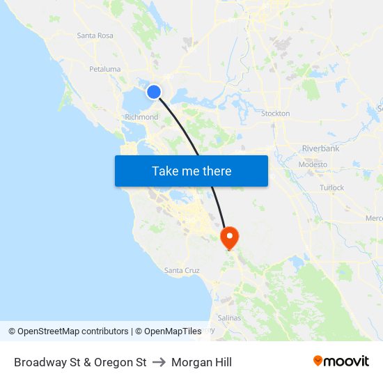 Broadway St & Oregon St to Morgan Hill map