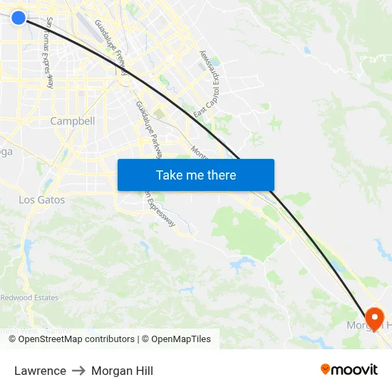 Lawrence to Morgan Hill map
