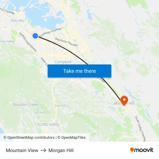Mountain View to Morgan Hill map