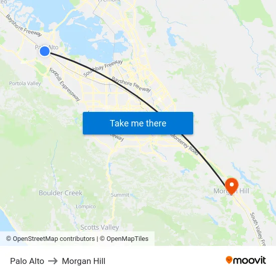 Palo Alto to Morgan Hill map