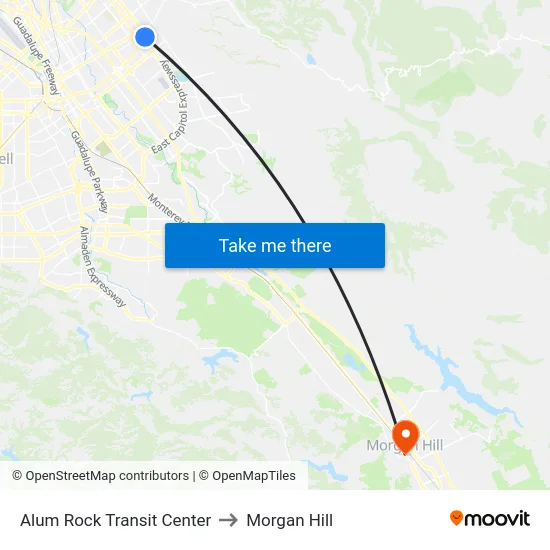 Alum Rock Transit Center to Morgan Hill map