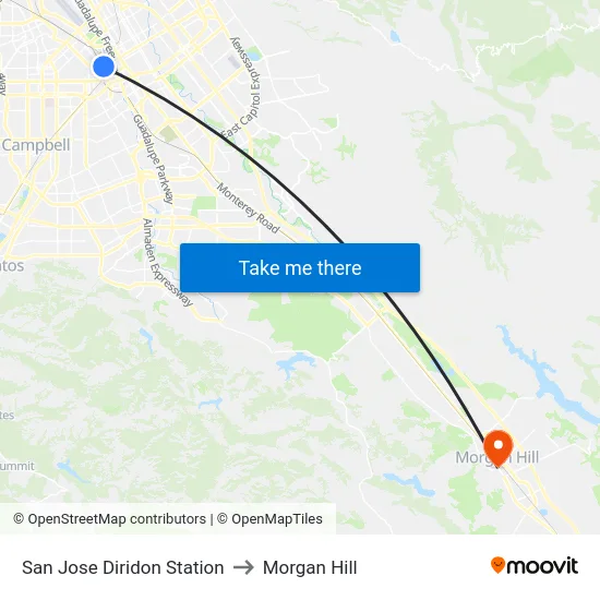 San Jose Diridon Station to Morgan Hill map