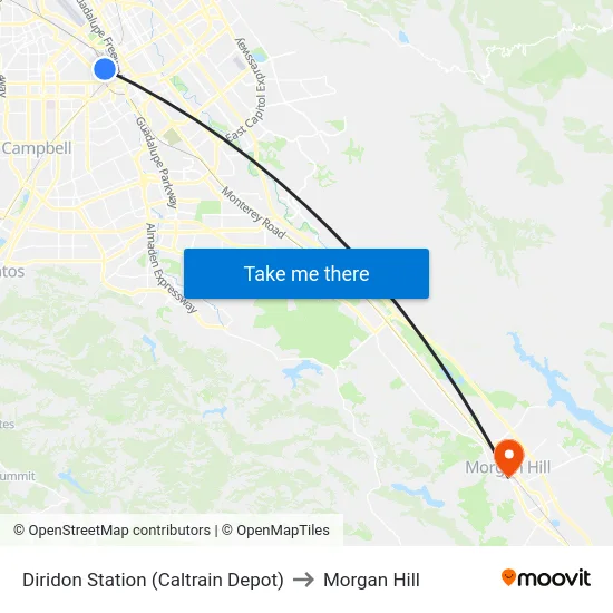 Diridon Station (Caltrain Depot) to Morgan Hill map