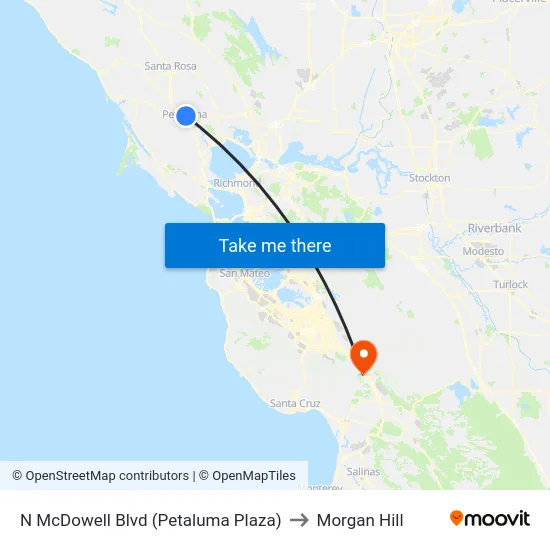 N McDowell Blvd (Petaluma Plaza) to Morgan Hill map