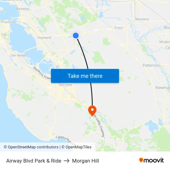 Airway Blvd Park & Ride to Morgan Hill map