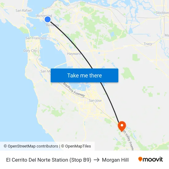 El Cerrito Del Norte Station (Stop B9) to Morgan Hill map