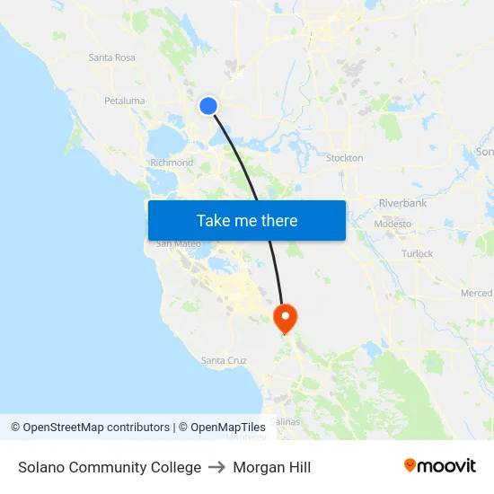 Solano Community College to Morgan Hill map