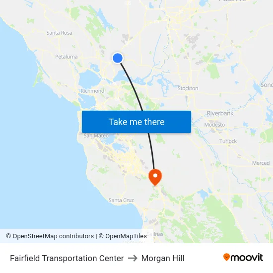 Fairfield Transportation Center to Morgan Hill map