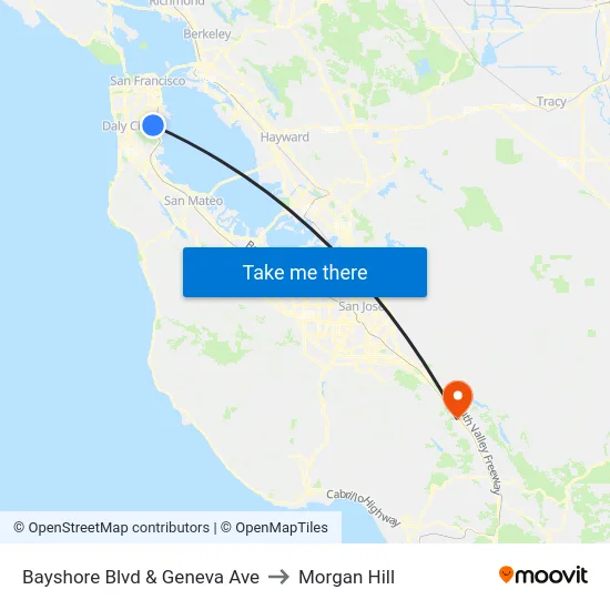 Bayshore Blvd & Geneva Ave to Morgan Hill map