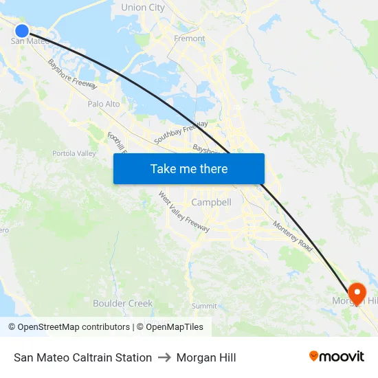San Mateo Caltrain Station to Morgan Hill map