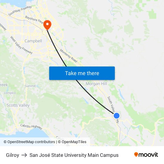 Gilroy to San José State University Main Campus map