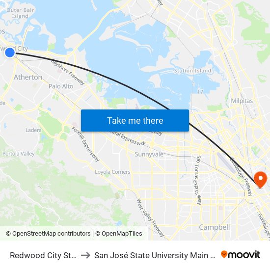 Redwood City Station to San José State University Main Campus map