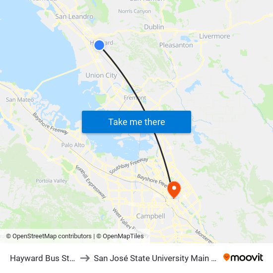 Hayward Bus Station to San José State University Main Campus map