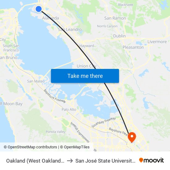 Oakland (West Oakland BART Station) to San José State University Main Campus map