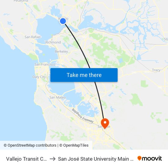 Vallejo Transit Center to San José State University Main Campus map