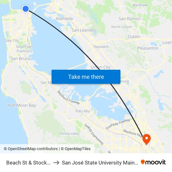 Beach St & Stockton St to San José State University Main Campus map
