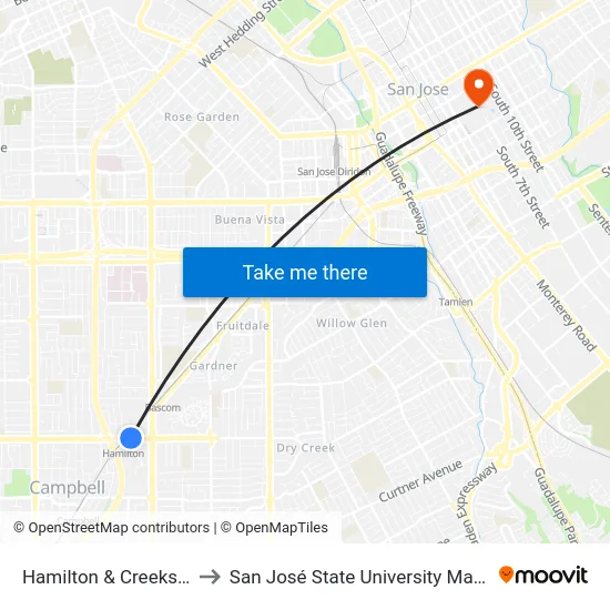 Hamilton & Creekside (W) to San José State University Main Campus map