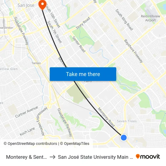Monterey & Senter (S) to San José State University Main Campus map