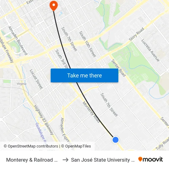 Monterey & Railroad Crossing (N) to San José State University Main Campus map