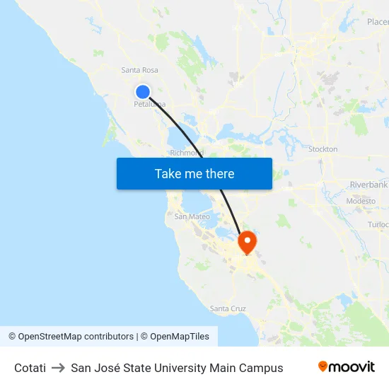 Cotati to San José State University Main Campus map