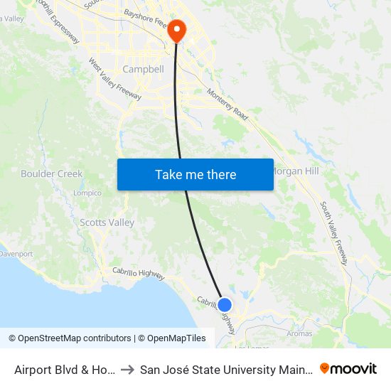 Airport Blvd & Holm Rd to San José State University Main Campus map