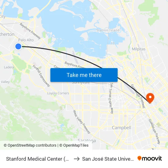 Stanford Medical Center (Welch/Blake Wilbur Dr) to San José State University Main Campus map