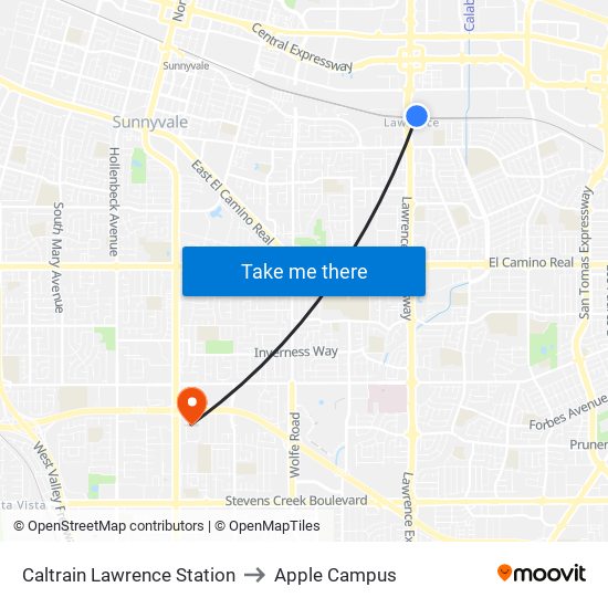 Caltrain Lawrence Station to Apple Campus map