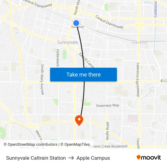 Sunnyvale Caltrain Station to Apple Campus map