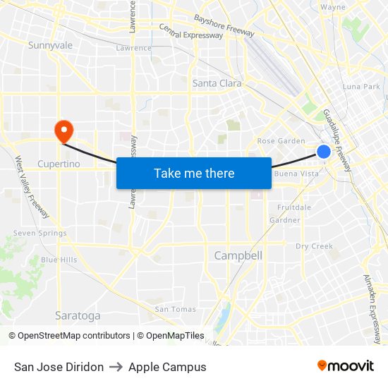 San Jose Diridon to Apple Campus map