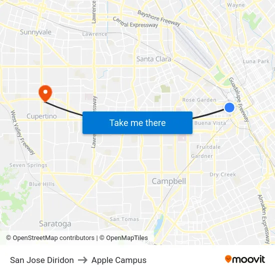 San Jose Diridon to Apple Campus map