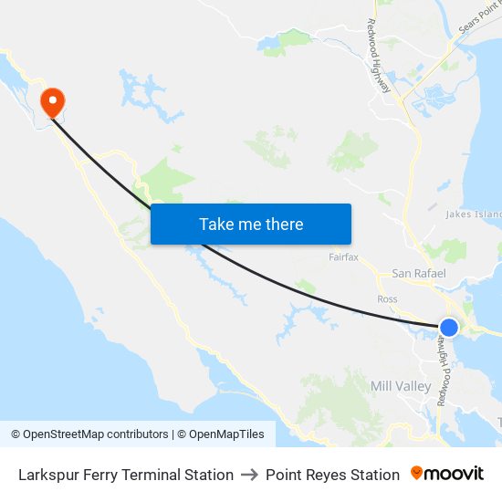 Larkspur Ferry Terminal Station to Point Reyes Station map