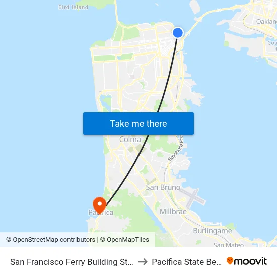 San Francisco Ferry Building Station to Pacifica State Beach map