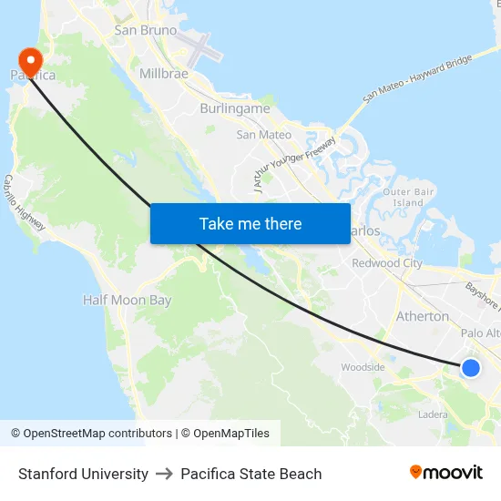 Stanford University to Pacifica State Beach map
