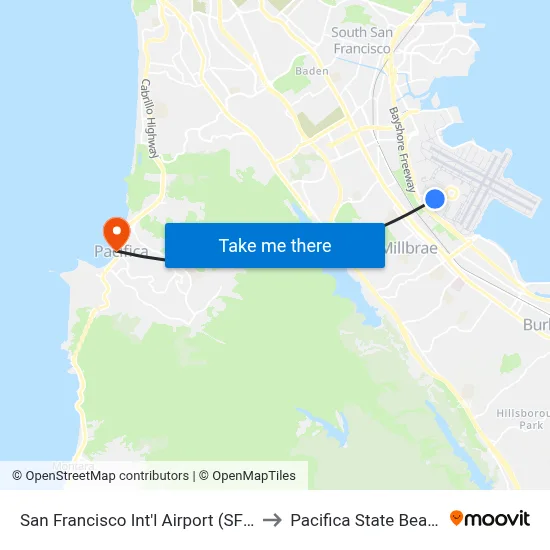San Francisco Int'l Airport (SFO) to Pacifica State Beach map