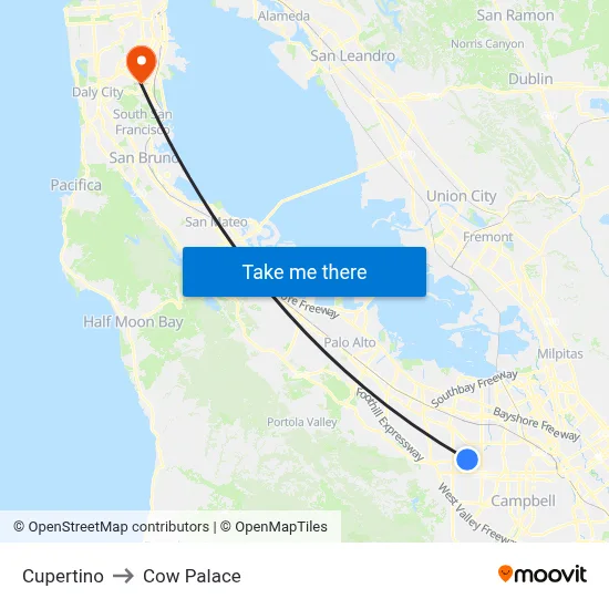 Cupertino to Cow Palace map