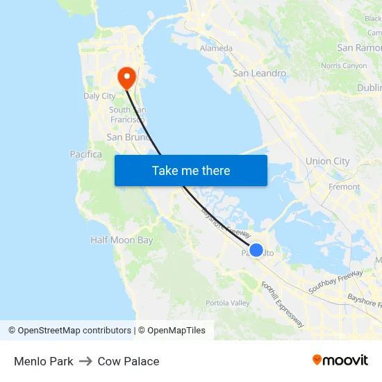 Menlo Park to Cow Palace map
