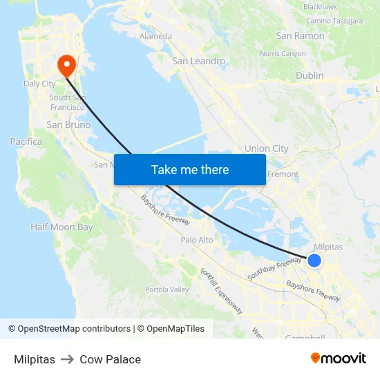 Milpitas to Cow Palace map