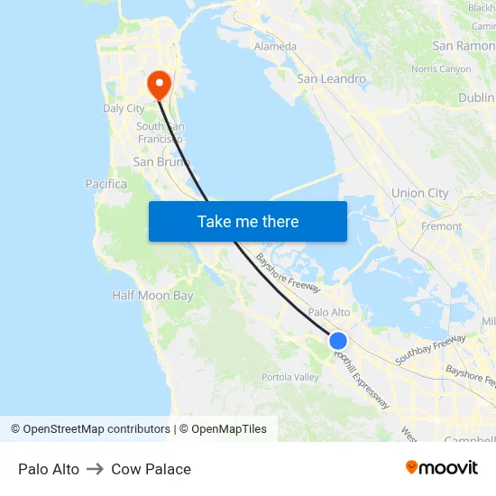 Palo Alto to Cow Palace map