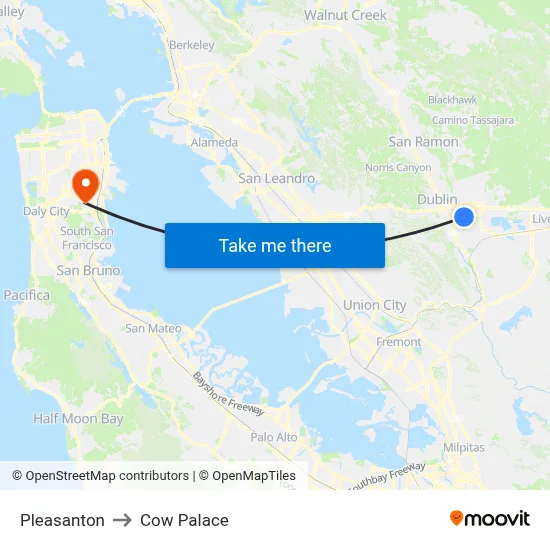 Pleasanton to Cow Palace map