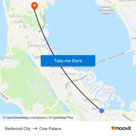 Redwood City to Cow Palace map