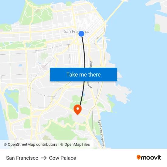 San Francisco to Cow Palace map