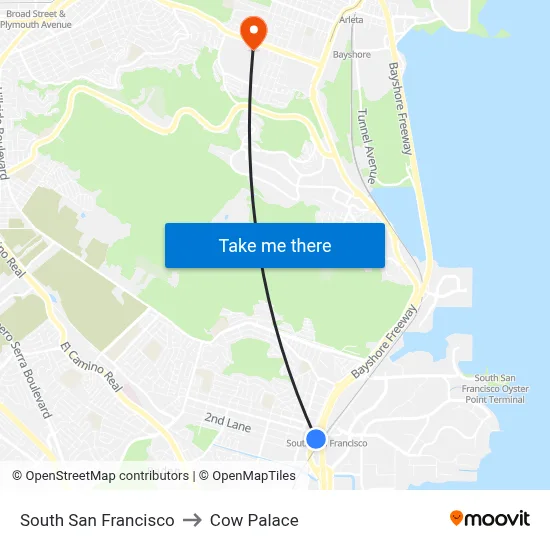 South San Francisco to Cow Palace map