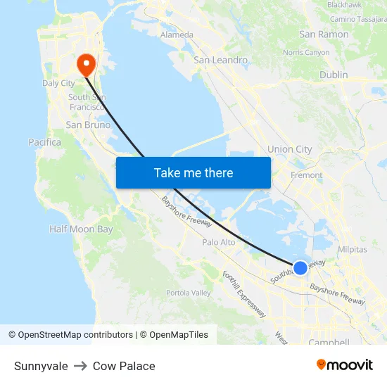 Sunnyvale to Cow Palace map